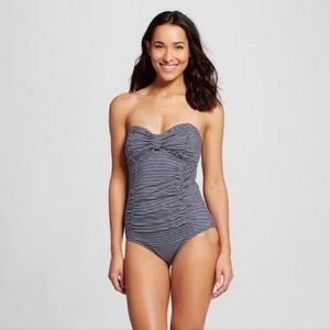 Merona Strapless Ruched Striped One-Piece Swim Suit Nautical Beach Navy Medium